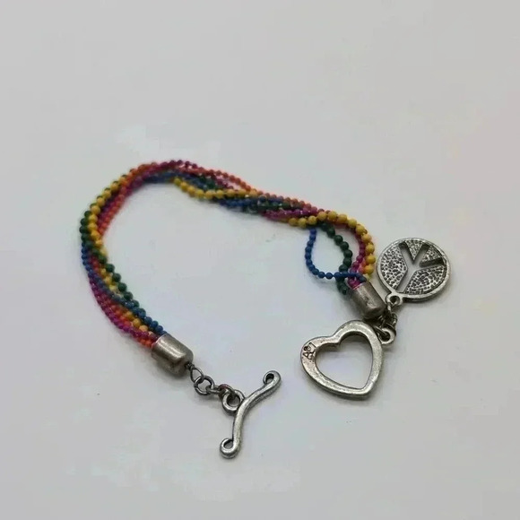 Rainbow Beaded Heart and Peace Sign Bracelet - Picture 4 of 5